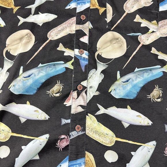 KAVU Shirt Men XXL Black Fish Marine Life Stretch Casual Outdoor AOP - Picture 6 of 11